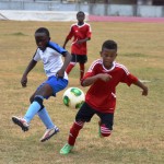Action between the BVI Rockers and Nevis U13's, which was won 3-1 by the visiting Nevis team. Photo: Charlie E. Jackson / BVIFA