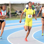 BVI's Ashley Kelly, right, St. Vincent & the Grenadines' Kenike Alexander and Antigua & Barbuda's Samantha Edwards in the 400m. They had times of 53.17, 52.47 & 53.45 respectively. PHOTO: St. KItts & Nevis Amateur Athletics Association.