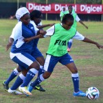 U15 Girls player, Jackisha Rigobert holding off the attention of two Avengers. Photo: BVIFA