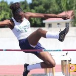 Basketball player Joy Victor of Lettsome House, was one of a record six females clearing at least 1.50m in the High Jump, with, with Carlisle's soon to be 13-year old Xiomara "Gia" Malone--who broke her sister Chantel Malone's division record--clearing the bar at 1.56m, for No. 8 on the All Time List. Lettsome teammate Arianna Hayde, cleared 1.55m to tie for No. 9. Photo: Dean "The Sportsman" Greenaway