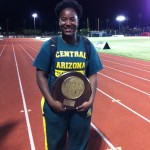 Central Arizona College freshman Trevia Gumbs claimed the Discus Throw and Hammer Throw National Records during the Arizona College’s Region I Championships. Photo: Provided