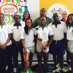 Track and field athletes/coaches as they arrived at the Toronto 2015 village were met by Swimmer, Elinah Phillip and coach Tracy Bradshaw.  Pictured L-R – Tracy Bradshaw, Winston Potter, Chantel Malone, Tahesia Harrigan-Scott, Elinah Phillip, Eldred Henry, Xavier Dag Samuels, Anthony Dougherty, and Karene King. Photo: Provided 