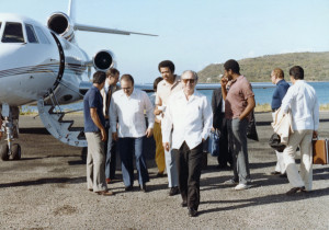 Rey O'Neal (center), then President of the BVIOC, along with Khalil 'Johnny' Hassan (far left) and Patrick Harrigan (inside right) welcome  the late Juan Antonio Samaranch (front) President, International Olympic Committee, and the late Mario Vasquez  Rana, President of the Association of National Olympic Committees during the duo's historic visit to the BVI in 1983.