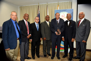 (L-R) BVIOC founding member, khalil 'Johnny' Hassan, Sir Austin Sealy, IOC member, Mr. Victor Lopez,VP PUR NOC, Member IAAF Council, Mr. Keith Joseph, VP NACACA, General Secretary SVG NOC, Reynold 'Rey' O'Neal, OBE, Premier Dr. The Honourable D. Orlando Smith, OBE, Dr. Amadeo Francis, VP IAAF pictured at the tribute evening for Rey hosted by the BVI Olympic Committee. Photo: CM Farrington / BVIOC