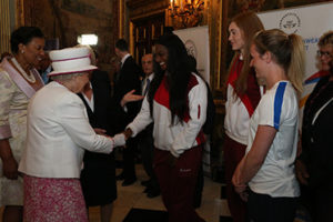 CGF President Louise Martin CBE introduced Her Majesty The Queen to Commonwealth athletes Sasha Corbin, Ali Glasse-Davies and Helen Housby at the launch of the new Commonwealth Hub on June 9. Photo: CGF