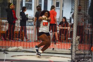 In day 1 of the GLIAC Championships University of Findlay Junior, Tynelle Gumbs won the weight throw and set a new UF record. Photo: Findlay Oilers